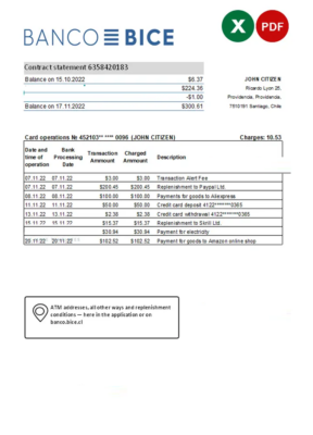 Chile Banco Bice bank statement Excel and PDF template (AutoSum)