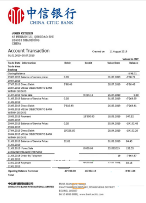 China Citic Bank Corp bank statement template in Word and PDF format