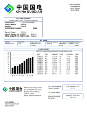 China Guodian Corporation electricity utility bill template in Word and PDF format