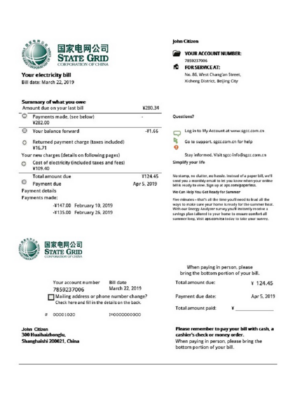 China State Grid Corporation of China electricity utility bill template in Word and PDF format