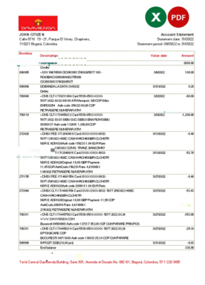 Colombia Banco Davivienda bank statement Excel and PDF template (AutoSum)