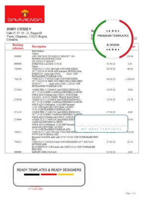 Colombia Banco Davivienda bank statement template in Word and PDF format