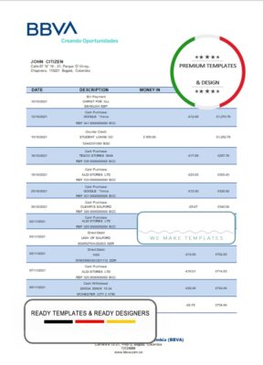 Colombia BBVA bank statement template in Word and PDF format