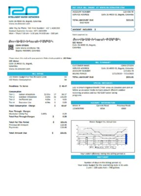 Colombia i2O Water utility bill template in Word and PDF format