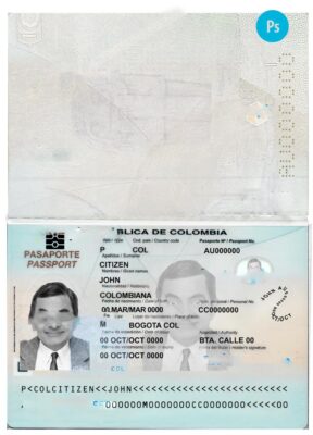 Colombia passport template in PSD format, fully editable, 2019 – present