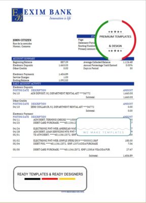 Comoros Exim bank statement template in Word and PDF format