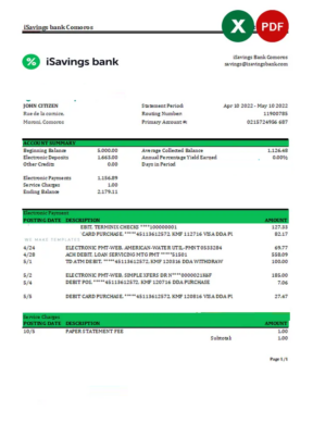 Comoros iSavings bank statement Excel and PDF template, completely editable (AutoSum)