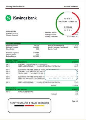 Comoros iSavings bank statement template in Word and PDF format