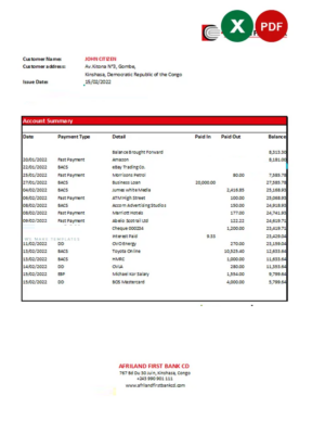 Congo Afriland First Bank statement Excel and PDF template (AutoSum)