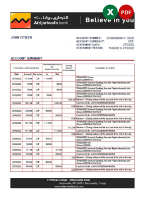 Congo Credit du Congo bank statement Excel and PDF template (AutoSum)