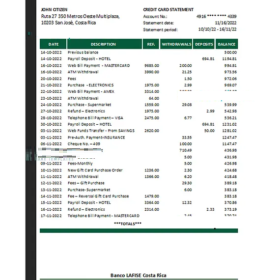 Costa Rica Banco Lafise bank statement Excel and PDF template