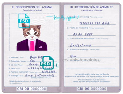 Costa Rica cat (animal, pet) passport PSD template, completely editable