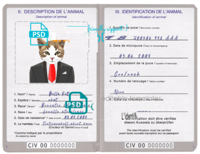 Côte d’Ivoire cat (animal, pet) passport PSD template, fully editable