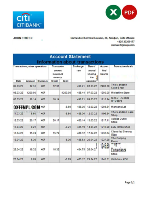 Cote d’Ivoire Citibank bank statement Excel and PDF template