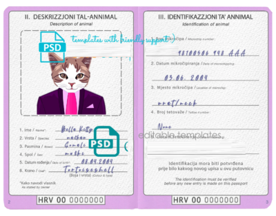 Croatia cat (animal, pet) passport PSD template, fully editable