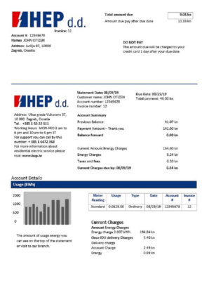 Croatia Hrvatska Elektroprivreda electricity utility bill template in Word and PDF format