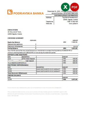 Croatia Podravska bank statement Excel and PDF template