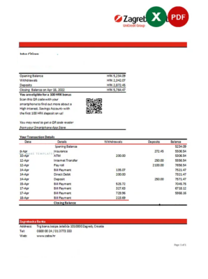 Croatia Zagrebačka Bank statement Excel and PDF template