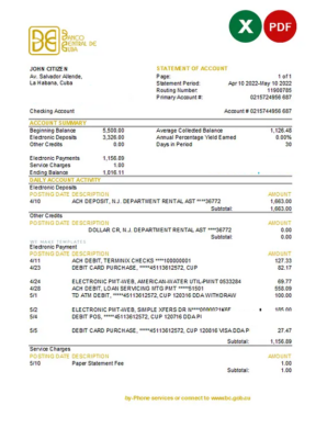 Cuba Banco Central de Cuba bank statement Excel and PDF template