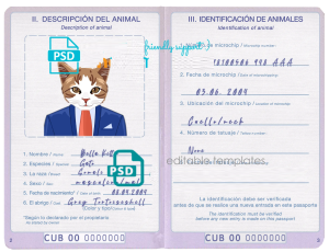 Cuba cat (animal, pet) passport PSD template, completely editable