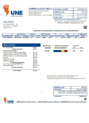 Cuba Empresa Electrica utility bill template in Word and PDF format