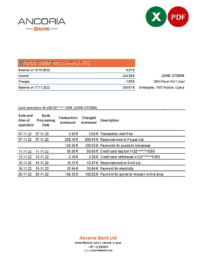 Cyprus Ancoria bank statement Excel and PDF template