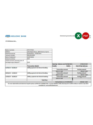 Cyprus Hellenic bank statement Excel and PDF template