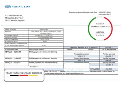 Cyprus Hellenic bank statement template in Word and PDF format