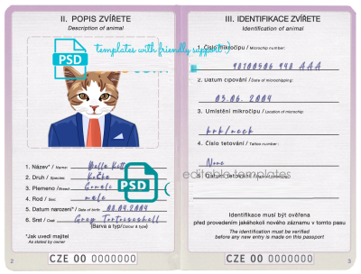 Czech Republic cat (animal, pet) passport PSD template, fully editable