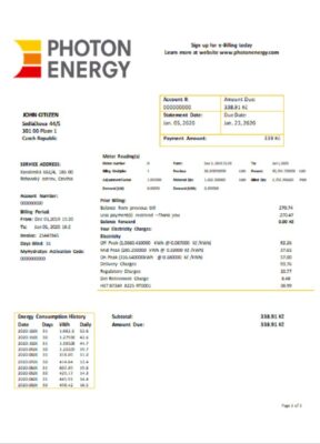 Czech Republic Photon Energy utility bill template in Word and PDF format