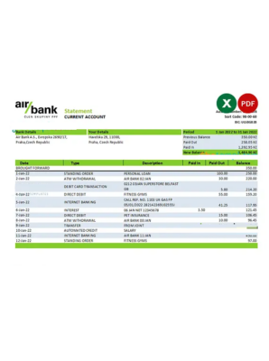 Czechia Air bank statement Excel and PDF template