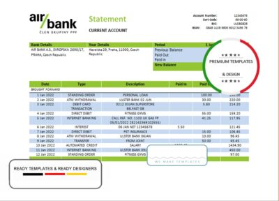 Czechia Air bank statement template in Word and PDF format