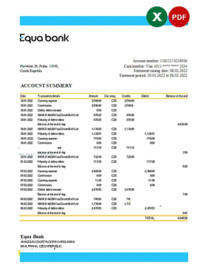 Czechia Equabank bank statement Excel and PDF template