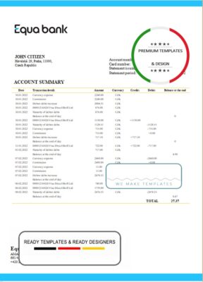 Czechia Equabank bank statement template in Word and PDF format