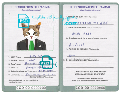 Democratic Republic of the Congo cat (animal, pet) passport PSD template, fully editable