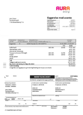 Denmark AURA Energi utility bill template in Word and PDF format