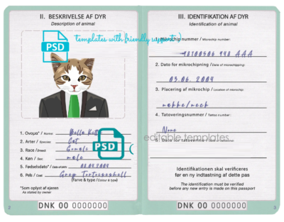 Denmark cat (animal, pet) passport PSD template, completely editable