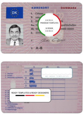 Denmark driving license template in PSD format, fully editable (1997 – 2013)