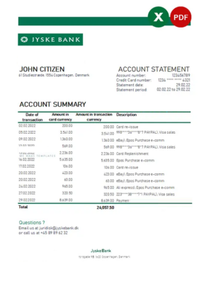 Denmark Jyske bank statement Excel and PDF template