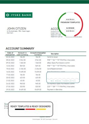 Denmark Jyske bank statement template in Word and PDF format