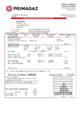 Denmark Primagaz Denmark gas utility bill template in Word and PDF format