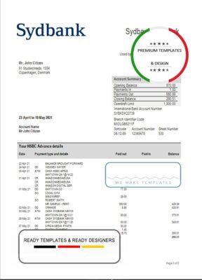 Denmark Sydbank bank statement template in Word and PDF format