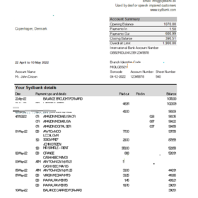 Denmark Sydbank statement Excel and PDF template