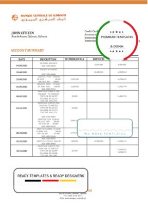 Djibouti Central Bank of Djibouti bank statement template in Word and PDF format