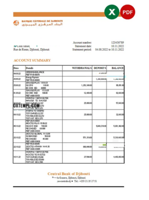 Djibouti Central Bank of Djibouti statement Excel and PDF template