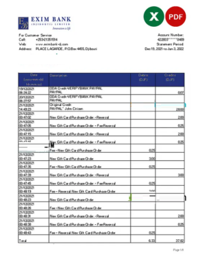 Djibouti Exim bank statement Excel and PDF template