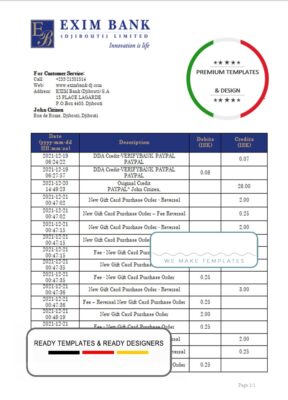 Djibouti Exim bank statement template in Word and PDF format