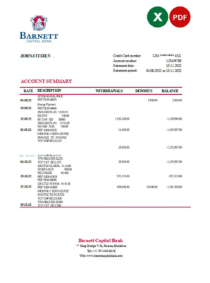 Dominica Barnett Capital Bank statement Excel and PDF template