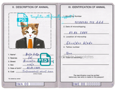 Dominica cat (animal, pet) passport PSD template, completely editable