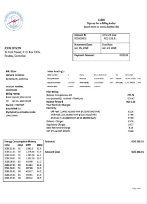 Dominica Electricity Services Limited electricity utility bill template in Word and PDF format